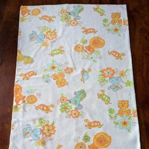 Vintage Flannel Receiving Blanket - Lions, Turtles and Tigers - c mid-1970s